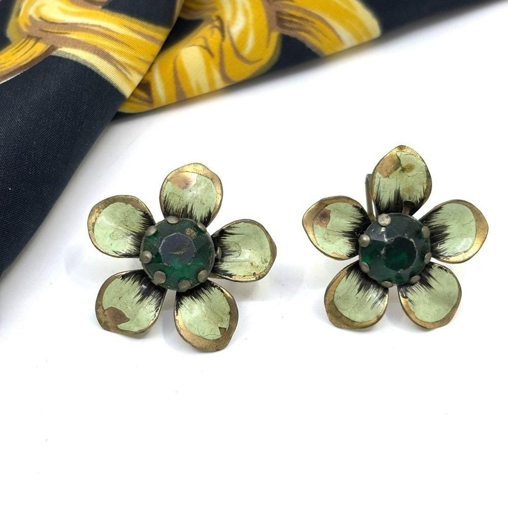 1950's vintage green/ blue flower and gem earrings - screw clip on